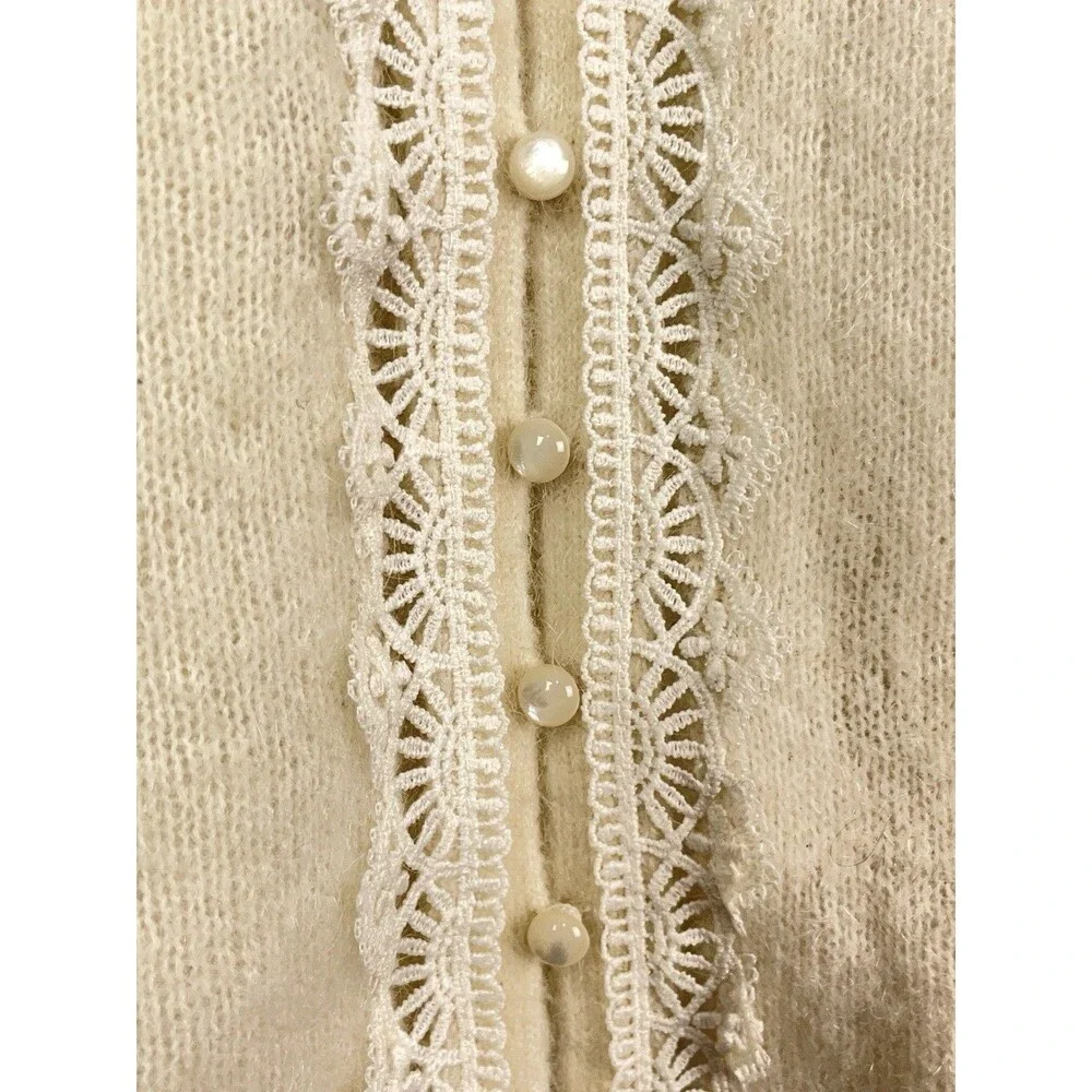 Sézane Women XXL Cardigan La Maille Lace Trim Pearl Button Kid Mohair Wool Ivory